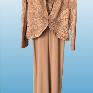 Cachet Elegant Tan Formal Dress with Embellished Jacket